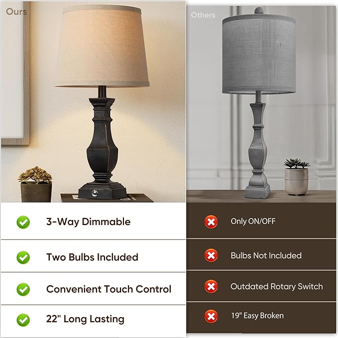 ROTTOGOON Dimmable Table Lamps Set of 2, Rustic Farmhouse Table Lamps for Living Room Bedroom, Bedside Desk Lamps for end Tables, Touch Lamps for nightstand, 9W Bulbs Included, 22", Black