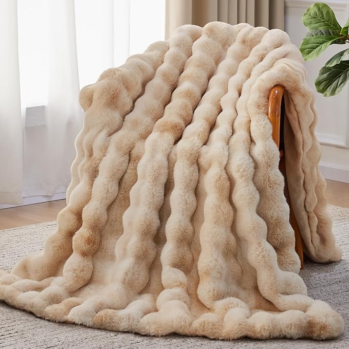 Faux Fur Throw Blanket, 1000GSM Fluffy Soft Bubble Blanket for Couch Bed, Cozy Plush Warm and Thick Blanket, Fuzzy Rabbit Throw for Living Room Bedroom 90''*104'' Tie-dye Camel