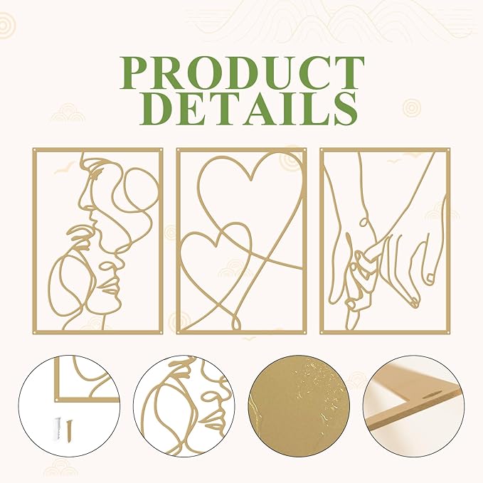 3 Pieces Metal Minimalist Line Wall Art, Valentine's Day Lover Kiss Hand Metal Wall Decor, Aesthetic Modern Home Hanging Wall Art Decor for Bedroom Bathroom Living Room (Gold)