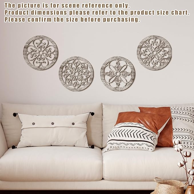 Yulejo 4 Pcs Thicken Rustic Wall Decor Farmhouse Kitchen Wall Round Art Wooden Hollow Carved Design Rustic Art for Living Room Bedroom Hallway Decor(9.8 x 9.8 Inch,grey wood tone)