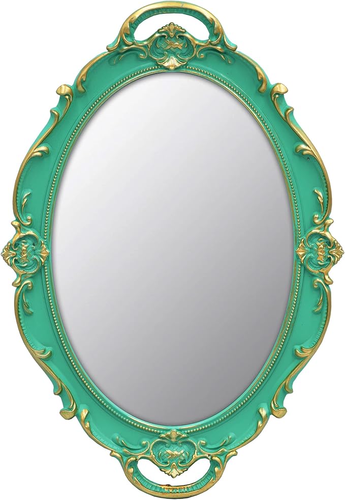 Vintage Mirror Small Wall Mirror 14.5 x 10 inches Oval Green