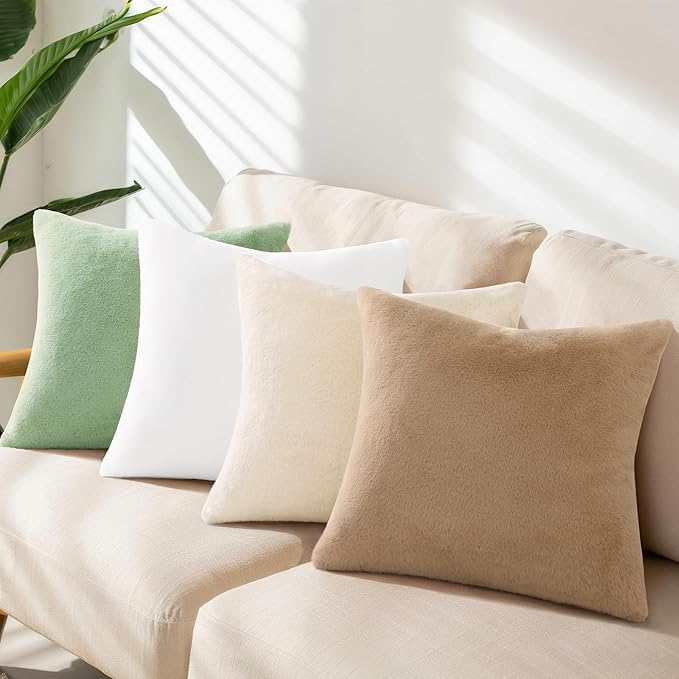 Pallene Faux Fur Plush Throw Pillow Covers 16x16 Set of 2, Soft Fluffy Couch Pillow Covers for Living Room, Khaki