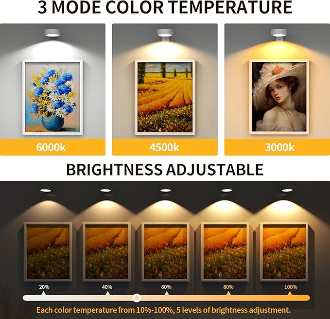 6 Pack Picture Lights for Wall, Rechargeable Battery Operated Wall Lights, Picture Frame Lights with 3 Lighting Modes, Wireless Magnetic Painting Light with Remote Control Timer, (White)