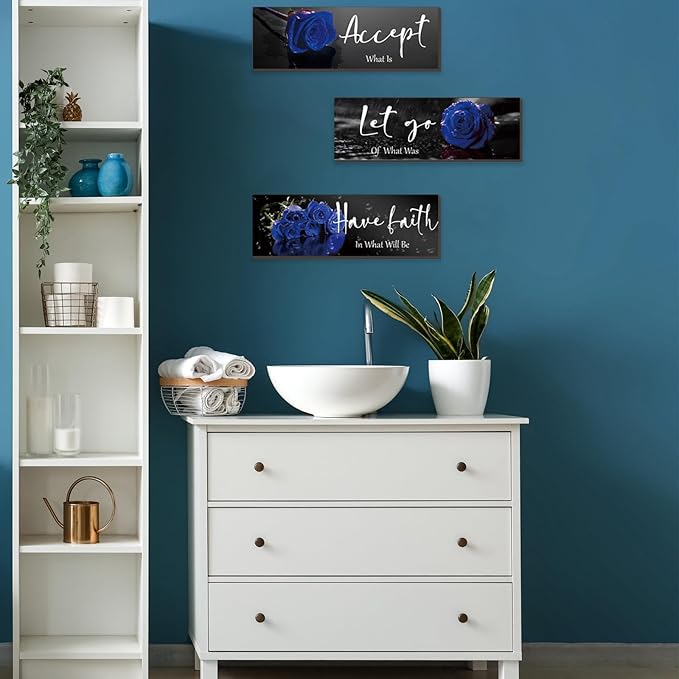ZINYAZHE 3 Pcs Blue Wall Decor Inspirational Blue Rose Bathroom Wooden Wall Art Office Decor With Accept Let Go Have Faith Quotes For Girl Women Bathroom Bedroom(16 X 5Inch)
