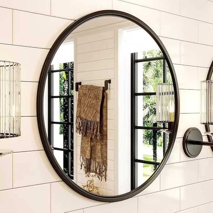 Growsun 28'' Black Round Mirror for Bathroom, Circle Bathroom Mirror for Wall, Entryway Living Room with Metal Frame for Home Decor