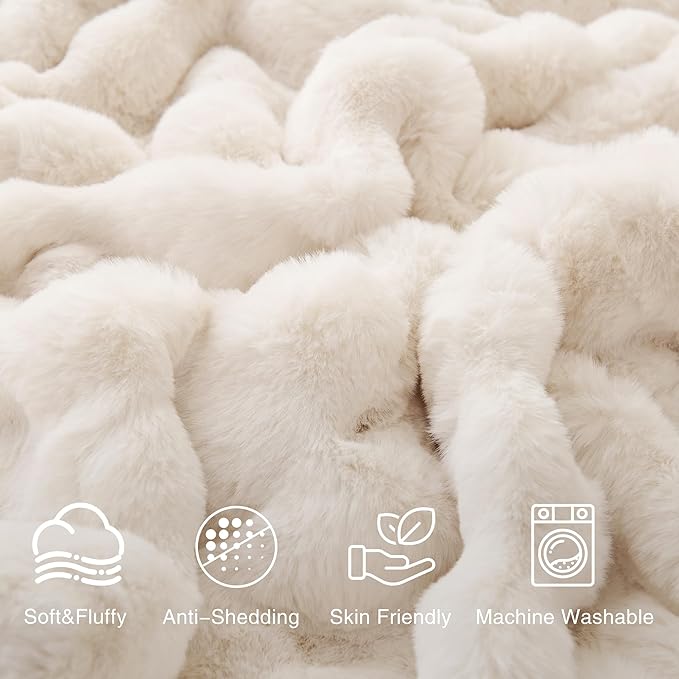 Comelady Faux Rabbit Fur Throw Blanket for Couch,Soft Fluffy Thick Bubble Blanket for Bed Sofa Room Decor-Lightweight Cozy Fuzzy Blanket Gifts for Women Men,Cream White,50"×60"