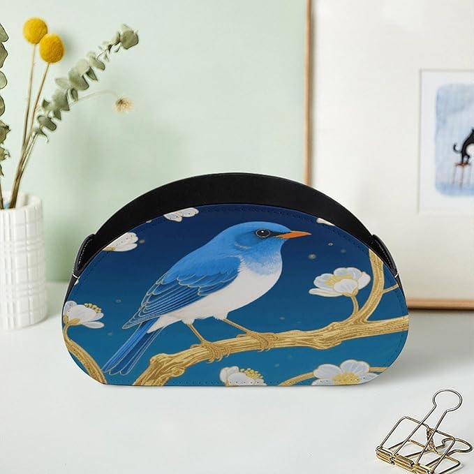 Blue Bird Flower Remote Control Holder Organizer Box with 5 Compartment PU Leather Bedside Storage Caddy Remote Organizer for Controller Media Player Pen/Pencil Storage