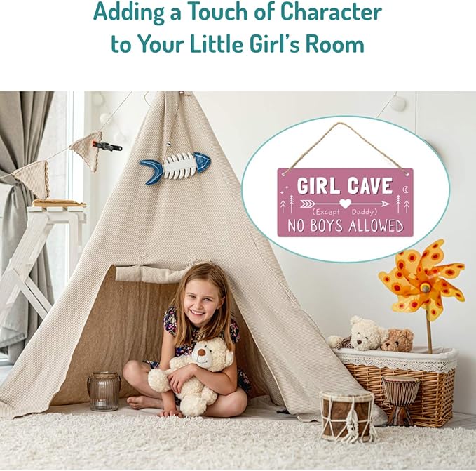 Girl Cave Sign for Girls Room, No Boys Allowed Door Sign, Cute Room Decor Sign for Bedroom Door, Funny Girls Only Sign for Kids Room, Teen Girl Wall Decor 12x6 Inch