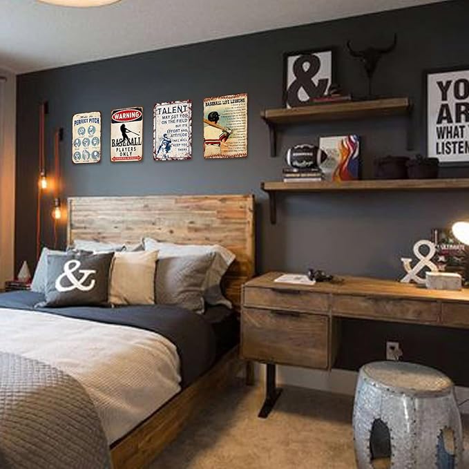 4 Pcs Baseball Metal Tin Signs Baseball Room Decor for Boys Vintage Sports Wall Art for Men Baseballs Player Poster Gifts for Boys 8-12 Baseballs Sign Accessories Decorations for Bedroom 12x8 Inch