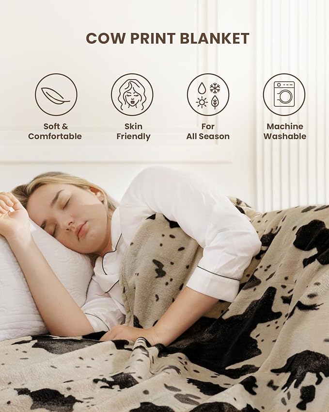 Cow Print Blanket Ultra Soft Flannel Throw Blanket for Couch Bed, Cute Cozy Lightweight All-Season Fleece Blanket Queen, Gift for Women & Girls, 90×90 Inches Brown