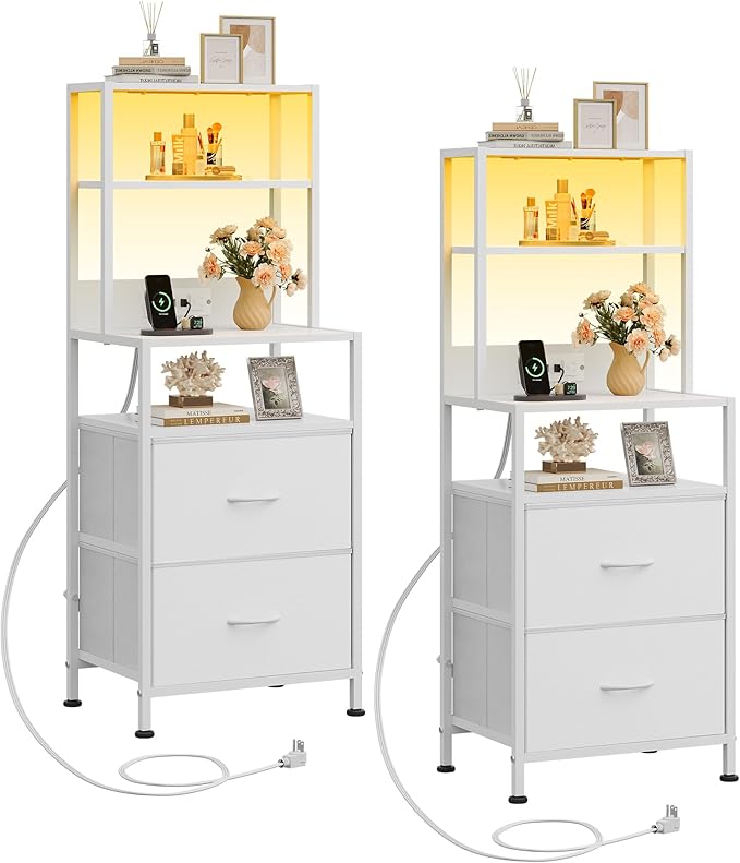 WLIVE Nightstand Set of 2 with Charging Station, LED Night Stands with 2 Fabric Drawers and 4 Storage Open Shelves, Bedside Table Sets for Bedroom, White