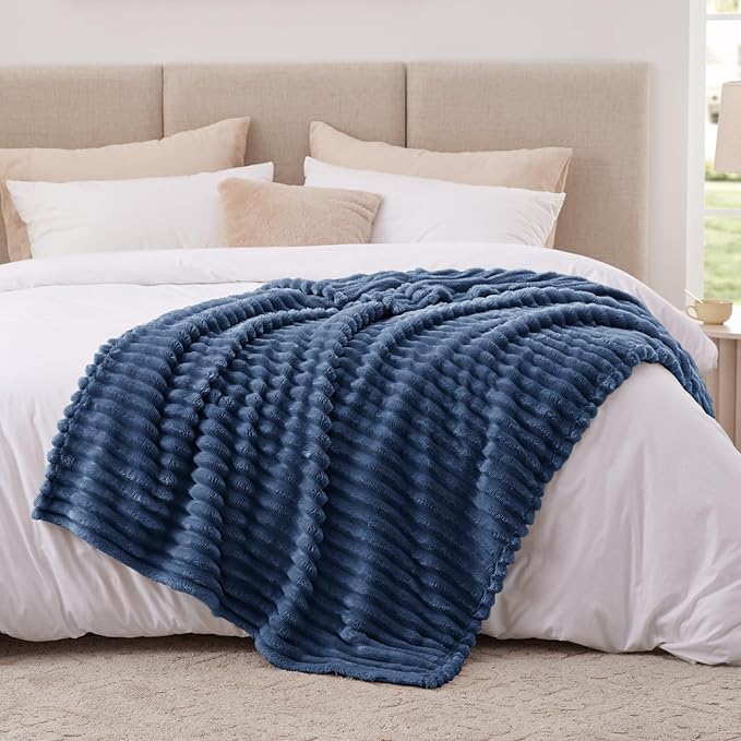 EXQ Home Fleece Blanket Twin Size for Couch or Bed - 3D Stripe Jacquard Decorative Blankets - Cozy Soft Lightweight Fuzzy Flannel Blanket Suitable for All Seasons(60"×80",Dark Blue)