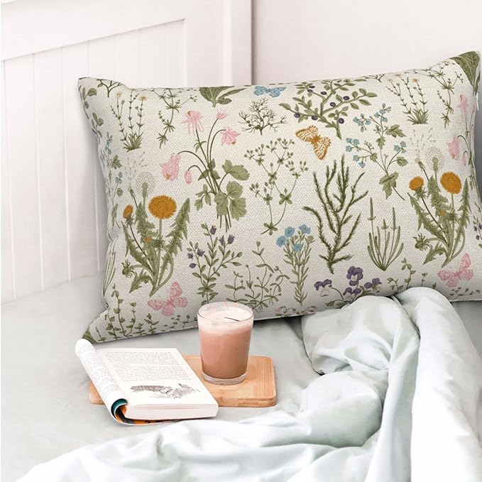 AEIOAE Spring Pillow Covers 12x20 Inch Set of 2,Sage Green Wild Flower Plant Throw Pillows Case,Seasonal Floral Outdoor Decorative Square Linen Farmhouse Decor Cushion Covers for Home Sofa Bed Couch