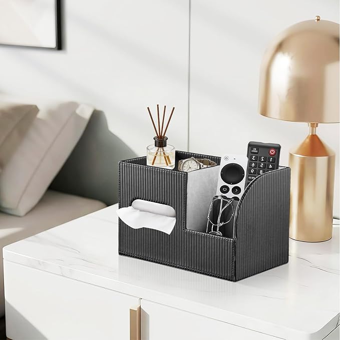 Fanousy Modern PU Leather Cube Tissue Box Cover with Storage Tray, Multifunctional Remote Control Holder & Facial Tissue Dispenser Organizer for Nightstand, Bathroom, Bedroom, Office & Home Decor