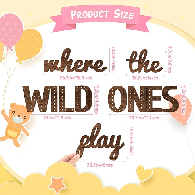 Where the Wild Ones Play Nursery Sign Wooden Playroom Wall Decor Playroom Decoration Word Play Room Sign for Wall Plaques(23 Inch,Brown)