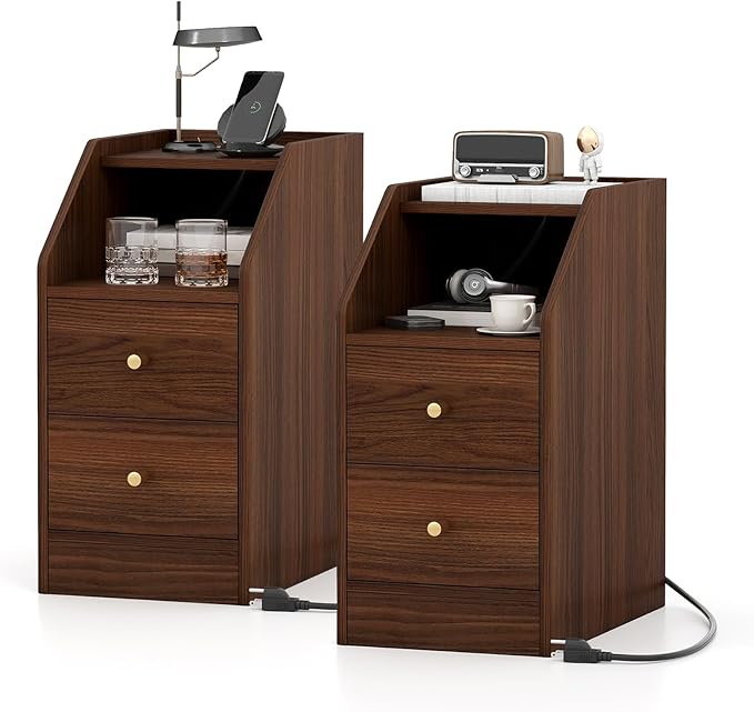 KOMFOTT Set of 2 Side Tables with Charging Station, End Tables with Storage Drawers, Sofa Couch Tables for Small Space, Modern Narrow Nightstands for Bedroom (Walnut,2)
