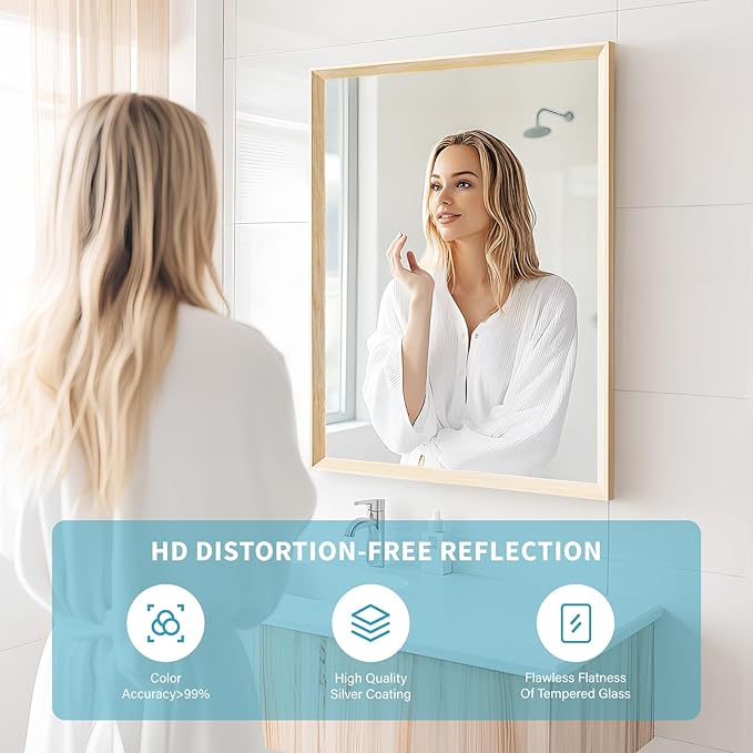 Oak Wood Effect Framed Wall Mirror, 32x40 Rectangle Mirror, Anti-desilvering Tempered Glass, Sustainable& Sturdy Frame, Anti-Rust, HD Reflection &3min Fast Setup for Bathroom Living Room