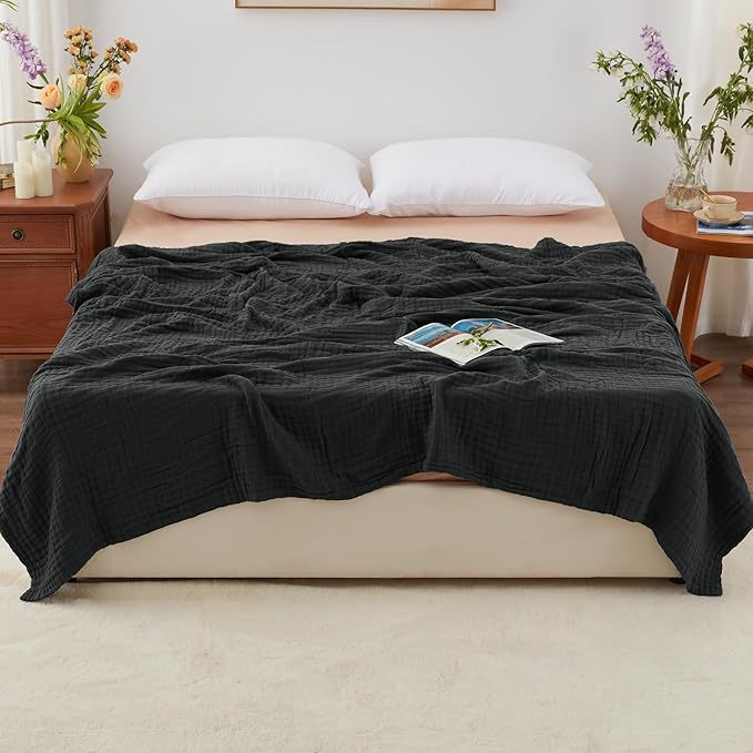 Love's cabin 100% Cotton Muslin Blanket, 6 Layer Lightweight Breathable Gauze Queen Size Blanket 90 x 90 Inches, Soft All Season Blanket for Bed, Black