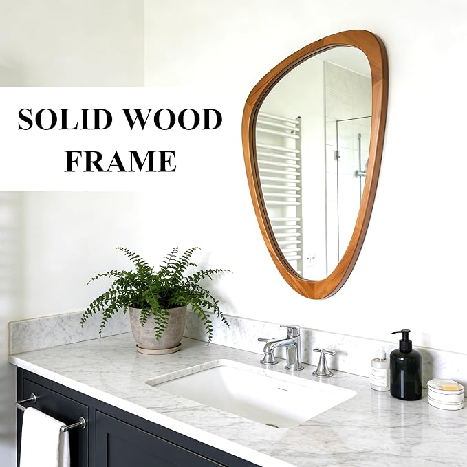 Irregular Wall Mirror Asymmetrical Bathroom Mirror, 19 x 30 Inch Wall Mounted Decorative Mirror with Wooden Frame for Living Room, Vanity, Bedroom, Entryway, Hallway