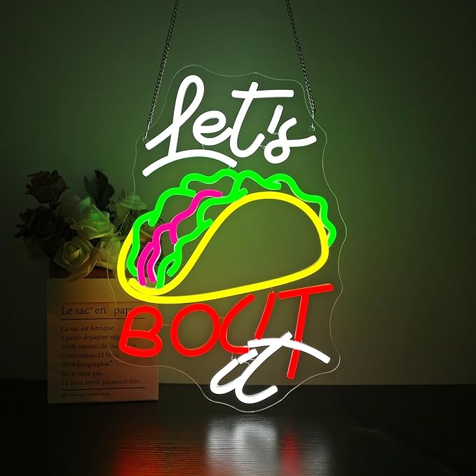 Neon Sign, HSJNJKFU Let's Bocit It, Tacos Food Neon Signs for Wall Decor Light Sign for Kitchen, Shop, Restaurant, Cafe, Bar LED Signs for Man Cave Room Decor - USB Powered