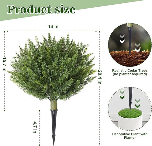 15.7" Christmas Fake Shrubs, Artificial Cedar Ball Tree Plant, 4 Packs of Fake Cedar Outdoor shrubs with Ground Spike, UV Resistant Fake shrubs, Used for Indoor and Outdoor Front Porch Gardens