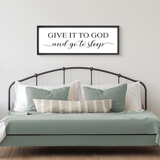 Give It to God and Go to Sleep Sign 42''×15'' Large Above Bed Wall Decor Farmhouse Bedroom Decor Wood Framed Guest Room Decor Wall Art Rustic Master Bedroom Wall Decoration (Black)