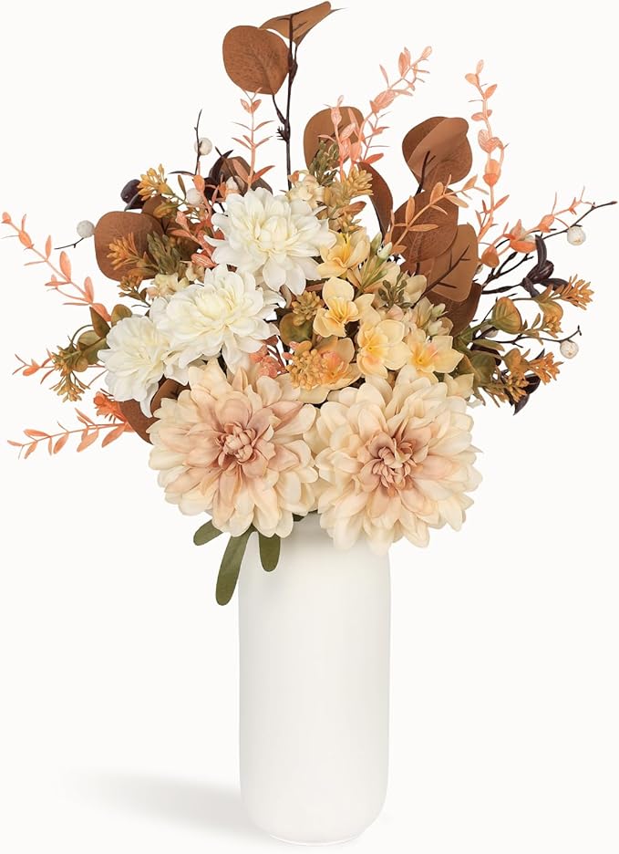 Artificial Fall Flowers Bouquet in Ceramic Vase, Faux Brown Flower Centerpieces for Coffee Table Decorations, Fake Silk Floral Arrangements for Thanksgiving Living Dining Room Bedroom Decor