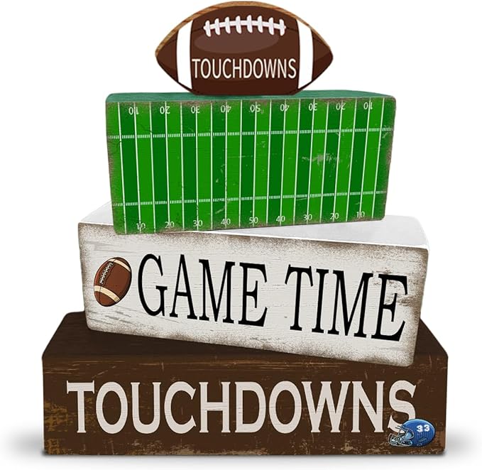 4 Pcs Football Table Decorations Football Wooden Tiered Tray Decor Decorative Sport Centerpiece Faux Book Block Sign for Desk Tabletop Floating Shelf Mantel Fireplace Home Decor