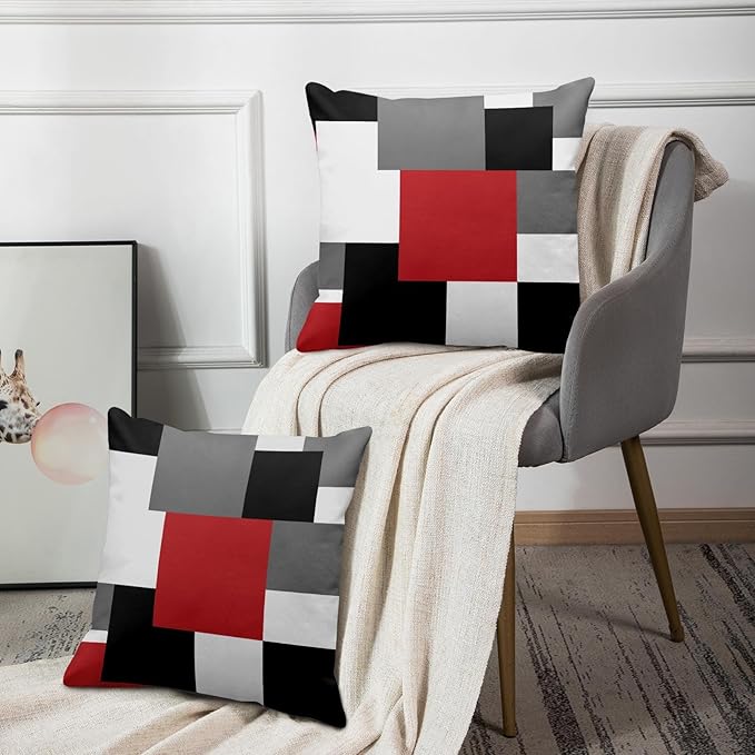 Emvency Set of 2 Red Black and Grey Throw Pillow Covers Geometric Modern Abstract Painting Decorative Pillow Cases Home Decor Standard Square 18x18 Inches Pillowcases