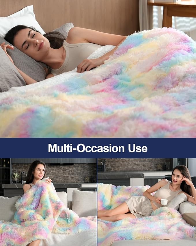 Pawque Faux Fur Sherpa Fleece Blanket Twin Size Rainbow - Fluffy Warm Plush Blankets for Bed, Cozy Thick Lightweight Reversible Decor for Winter Sofa Couch, 60x80 inches