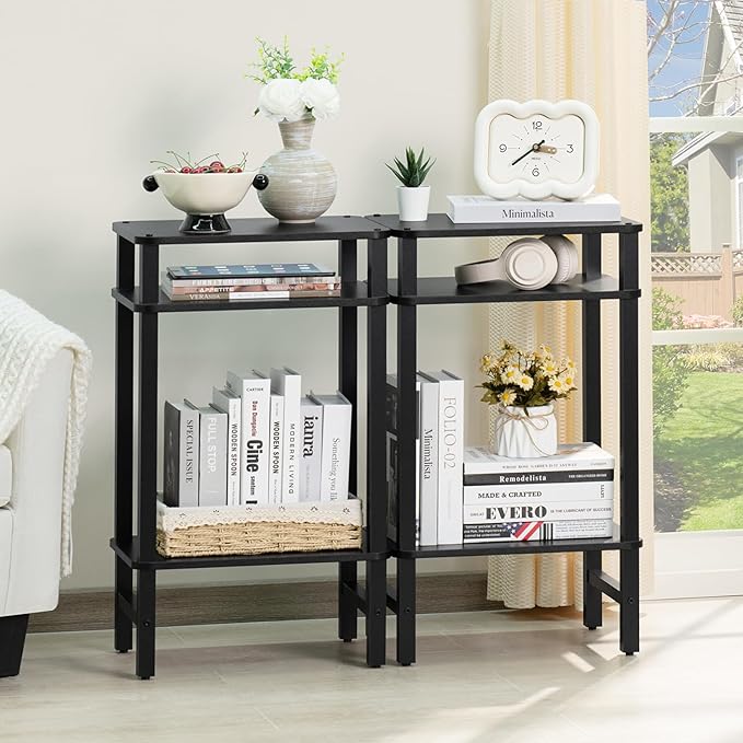 Side Table End Table Tall Night Stand 3-Tier 2 Pack for Living Room Bedroom Bathroom Office Furniture Black