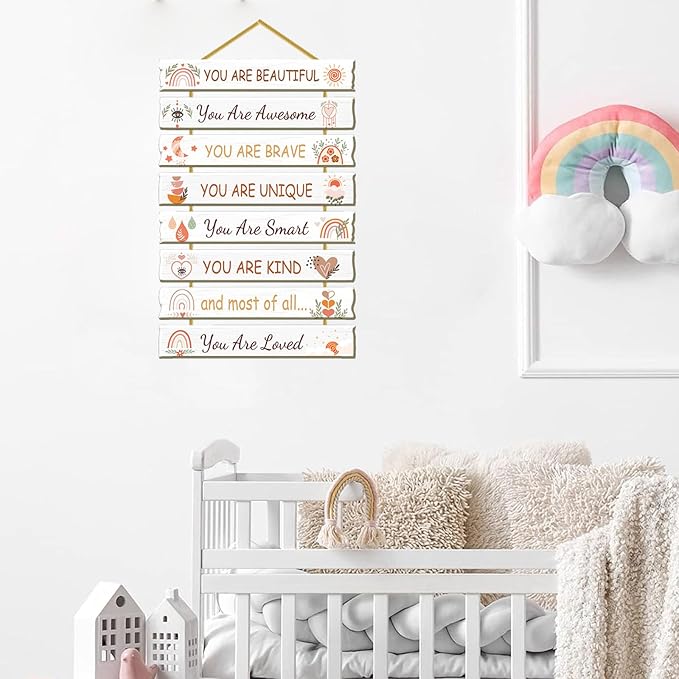 Rutiyoka Boho Wall Art for Girls' Room - Rainbow Inspirational Wood Decor for Kids' Nursery or Toddler Room Sign