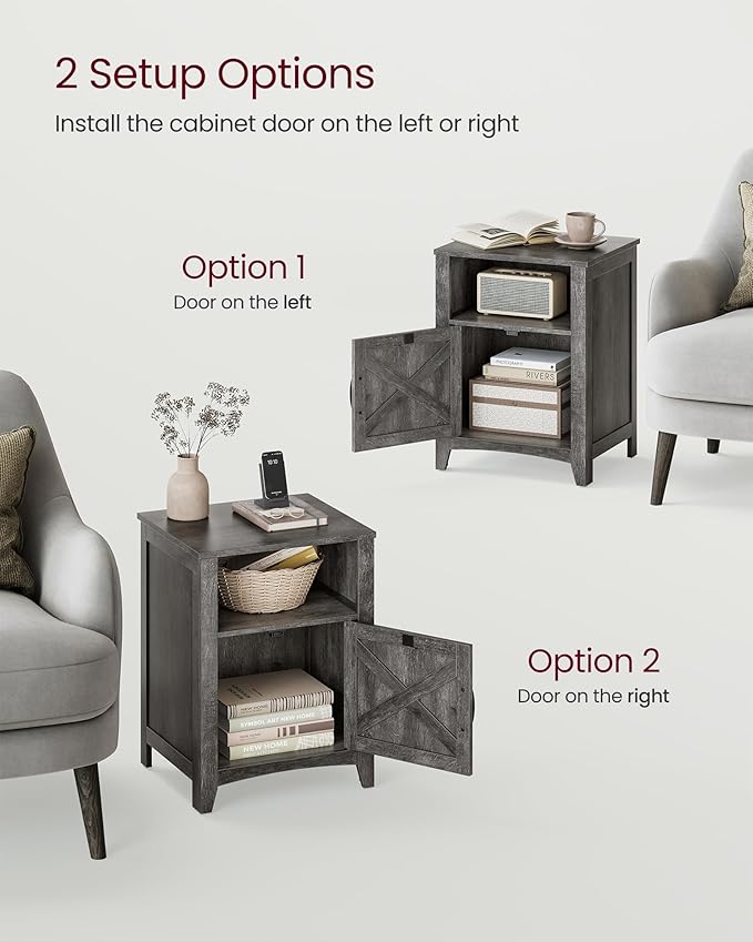 VASAGLE LIRY Collection - Farmhouse Nightstand with Barn Door, Bedside Table with Storage, Side End Table, Night Stand, Open Compartment, for Bedroom, Misty Gray ULET609G68