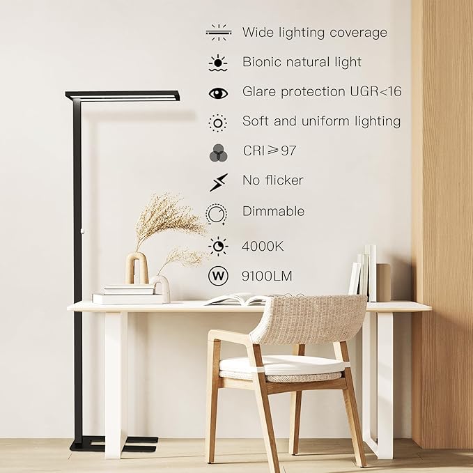 STERREN Eye-Care Led Floor Lamp,76" Tall Office Floor Lamp, 120W Black Modern Free-Standing Lamp, 9100LM Bright Reading Lamp for Study Room,Living Room,Meeting Room,4000K