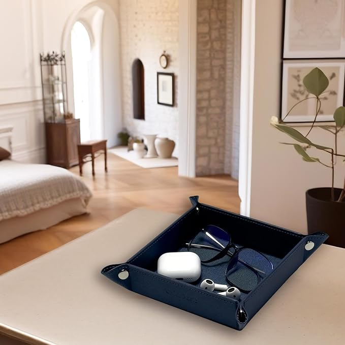 UnionBasic Small Valet Tray, Jewelry Tray for Rings Watches Earrings, Entryway Catchall Caddy for Coins Keys Change, Nightstand Bedside Valet Holder, Trays for Electronic Gadgets, Denim Blue