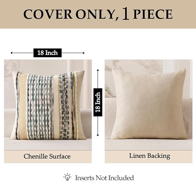 ANRODUO Pack of 1 Boho Decorative Throw Pillow Covers 18x18 Farmhouse Cushion Case Striped Chenille Pillow Cases Square Pillow Covers Accent Neutral Pillowcase for Sofa Couch Bed, Gray Blue Stripe
