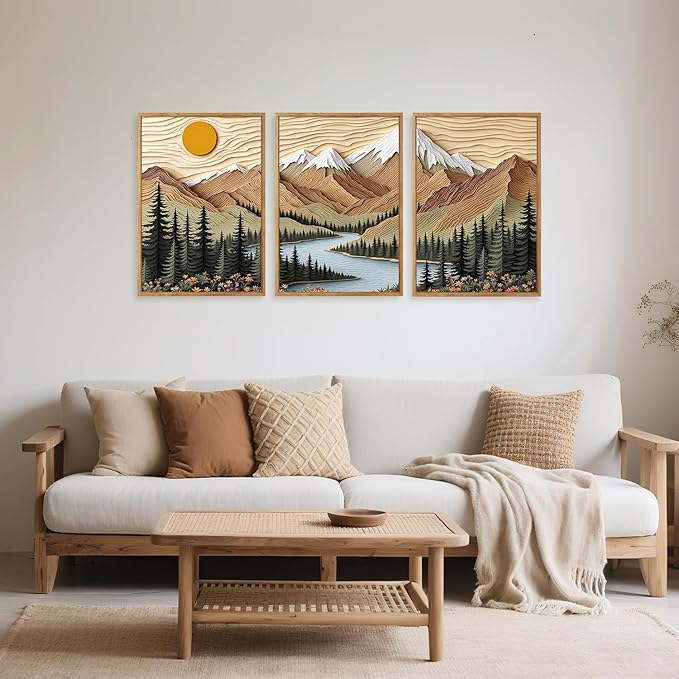 CHDITB Mountain Forest Framed Canvas Wall Art Set Of 3, Rustic Nature Wall Decor, Scenic Lake Sunrise Landscape Painting, Boho Woodland Art Prints For Living Room Bedroom Office Decoration 12”X16”