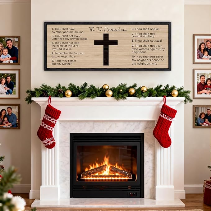 Ten Commandments Rustic Bible Verse Framed Wall Art 40" x 15" Black Religious Christian Slogan Representing God Jesus Christ Prayer Vintage Holy Inspirational Catholic Scripture Decor