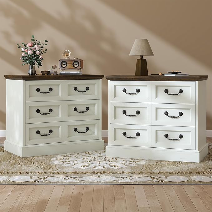 27.6" Wide Farmhouse Nightstand with Charging Station, 3 Drawer Nightstands Set of 2, Larger Side Table End Table, Modern Night Stand for Bedroom, Living Room, White Nightstand