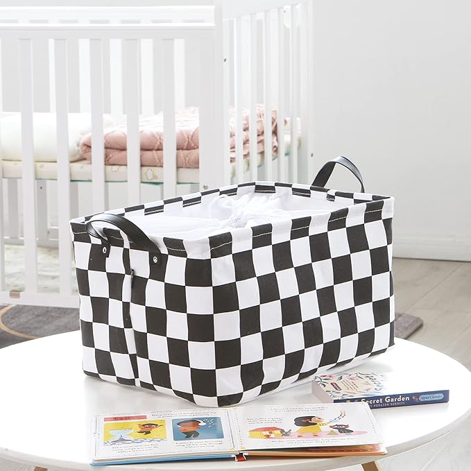 Hinwo Large Canvas Fabric Storage Basket with Handles, 33L/8.6-Gal Rectangle Bin, Collapsible Storage Box, Clothes, Toys, Blankets Organizer, 16.5 x 12 x 10 Inches (L, Black Checkerboard)