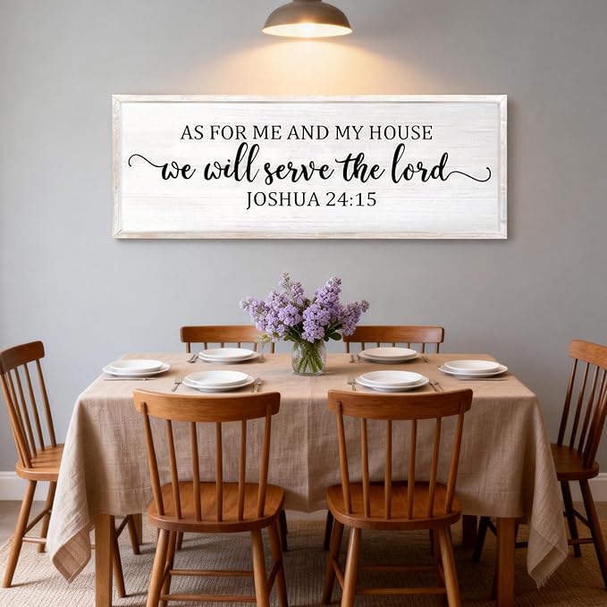 As For Me And My House We Will Serve The Lord Framed Wall Art, 40''×15'' Positive Religious Rustic Bible Verse for Christian God Jesus Christ Prayer, Vintage Horizontal Holy Catholic Scripture Decor