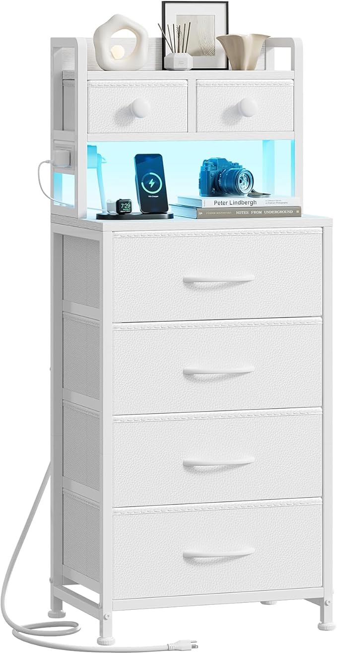 REAHOME 41 Inch Tall Nightstand with Charging Station, LED Night Stand with 6 Fabric Drawers, Bed Side Table with 3-Tier Wood Storage Shelves for Bedroom, Office, Small Spaces, White