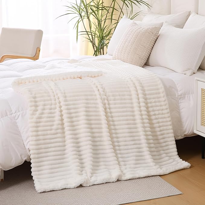 Cream White Sherpa Fleece Throw Blanket 60”×80” for Couch Sofa Bed,Double Side Soft Fuzzy Cozy Plush Thick Flannel Blanket with Striped Design,Gift for Adults,Woman,Girls