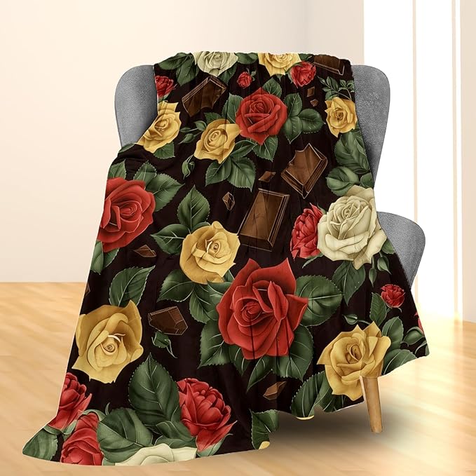 Rose & Chocolate Blanket | Soft Warm Fuzzy Lightweight Flannel Throw Blanket Perfect for Couch, Bed, Travel & Outdoor Use, Cozy Blankets for Adults Women Girls 50×40 in