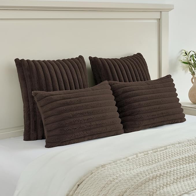 FUTEI Dark Coffee Decorative Throw Pillow Covers Set of 2, 18x18 Inch Soft Fluffy Faux Fur Plush Striped Cushion Cases, Modern Home Decor for Couch Bed Living Room
