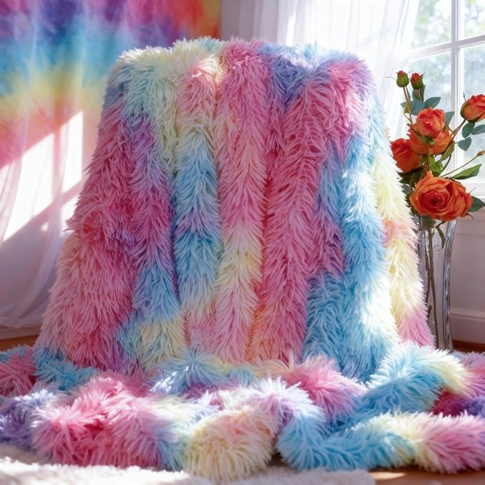 Plush Super Soft Blanket Bedding Sofa Cover Furry Fuzzy Fur Warm Throw Qulit Cozy Couch Blanket for Winter (63"x79",Dark Rainbow)