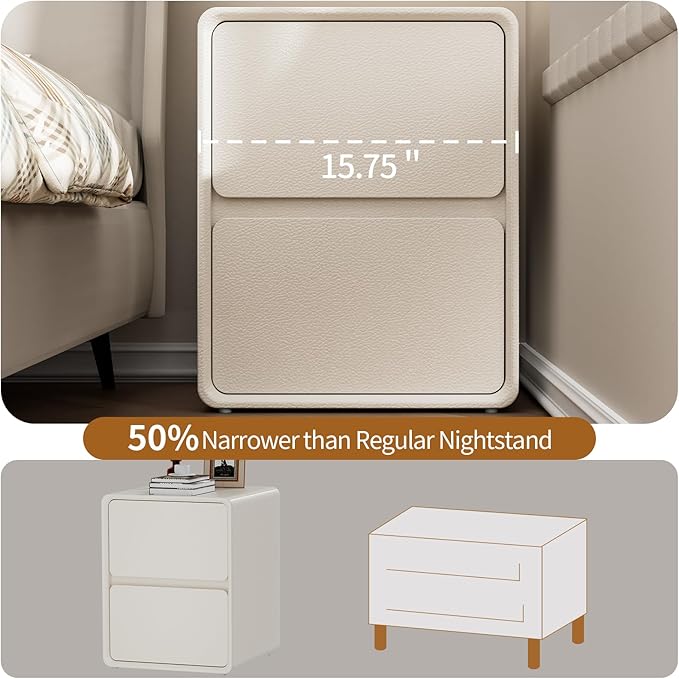 VICITON Modern Narrow Faux Leather Nightstand, Solid Wood Drawer, Storage Accent Table, Small Side End Table for Bedroom (Cream White, Large(15.8 inch))