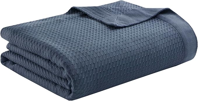 Madison Park 100% Egyptian Cotton Lightweight Summer Blanket, Breathable Waffle Knit Design, Soft Cozy All-Season Throw for Bed, Couch or Sofa, Blue Twin Size (66"x90")