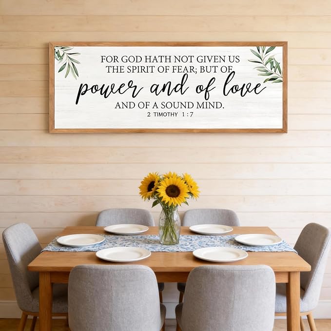 For God Hath Not Given Us the Spirit of Fear Wall Art – 40x15 Inch Framed Bible Verse Decor, 2 Timothy 1:7 Christian Wall Decor, Large Scripture Wall Art for Living Room Bedroom, Natural