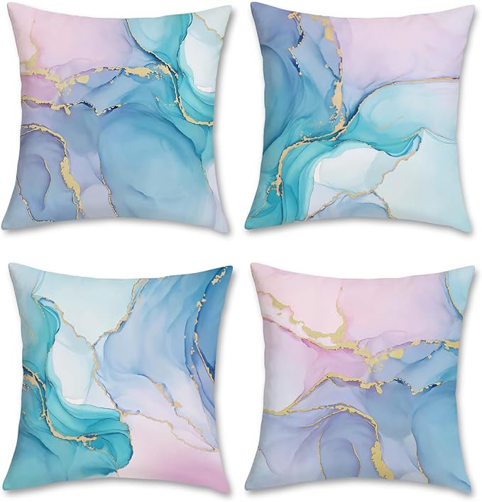 Bonhause Colorful Marble Throw Pillow Covers 18 x 18 Inch Pink Purple Blue Turquoise Watercolor Abstract Modern Decorative Pillows for Couch Sofa Bed Home Decor Set of 4